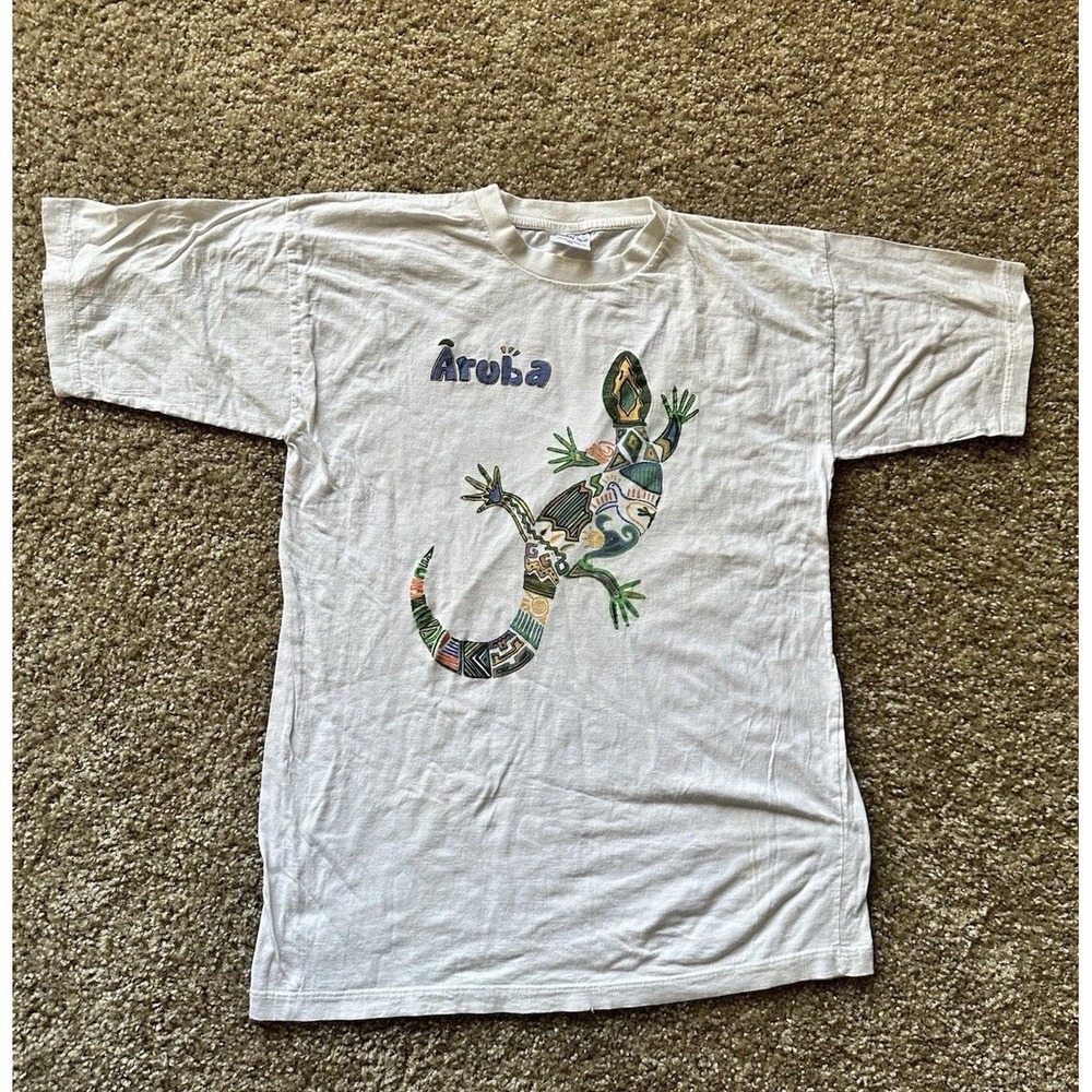 Vintage Paradise Island Aruba Lizard T-Shirt Single Stitch White Cotton Size 46
